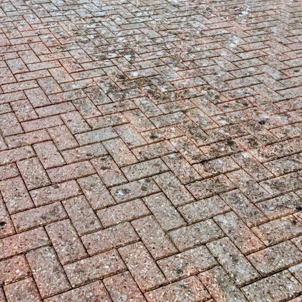Block paving driveway before cleaning - dirt, moss and weed growth between blocks