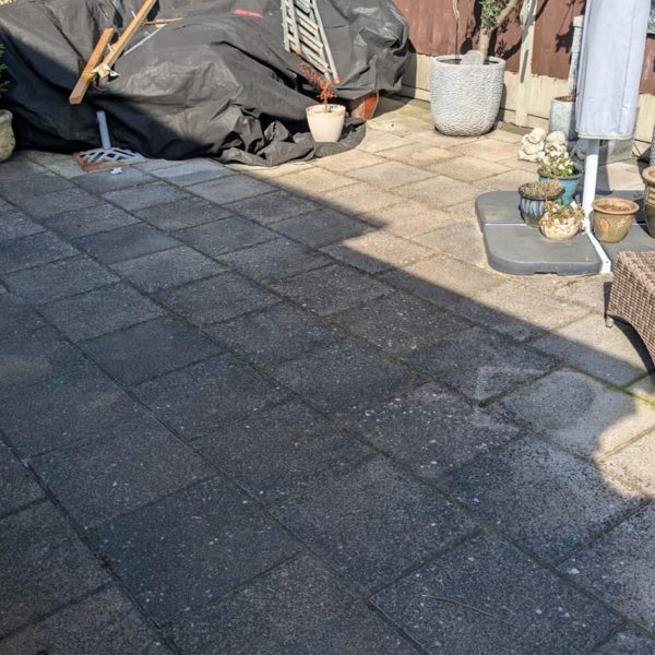 Patio slabs before cleaning - blackened with algae and black spot lichen
